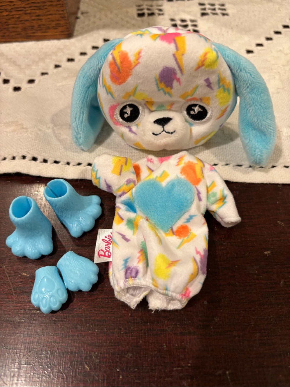 Barbie Chelsea Plush Puppy complete Costume with blue ears and heart. NWOT